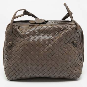 Pre Owned Bottega Veneta Dark Beige Intrecciato Leather Nodini Double Zip Crossbody Bag