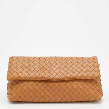 Pre Owned Bottega Veneta Brown Intrecciato Leather Flap Clutch
