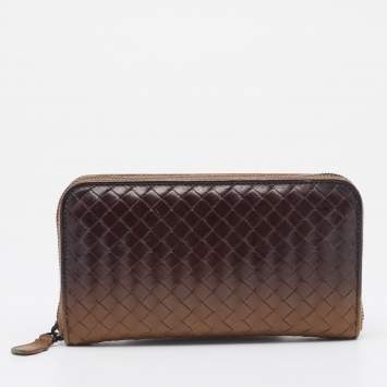 Pre Owned Bottega Veneta Brown Two-Tone Intrecciato Leather Zip Around Wallet