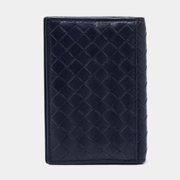 Pre Owned Bottega Veneta Navy Blue Intrecciato Leather Business Card Holder