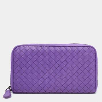 Pre Owned Bottega Veneta Purple Intrecciato Leather Zip Around Wallet