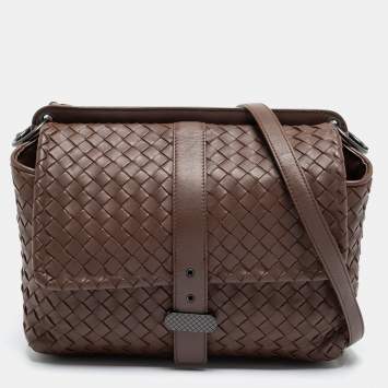 Pre Owned Bottega Veneta Brown Leather Intrecciato Double Sided Flap Shoulder Bag