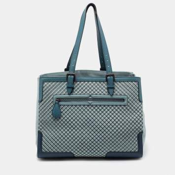 Pre Owned Bottega Veneta Blue Two Tone Canvas And Leather Intrecciato Tote