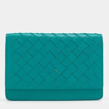 Pre Owned Bottega Veneta Green Intrecciato Leather Business Card Holder
