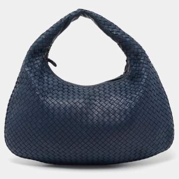 Pre Owned Bottega Veneta Navy Blue Intrecciato Leather Large Veneta Hobo