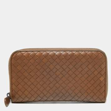 Pre Owned Bottega Veneta Brown Intrecciato Leather Zip Around Wallet