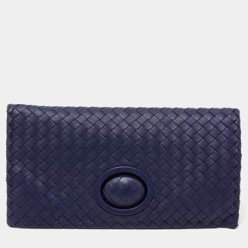 Pre Owned Bottega Veneta Dark Blue Intecciato Leather Clutch