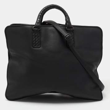 Pre Owned Bottega Veneta Black Intrecciato Leather Middle Zip Briefcase