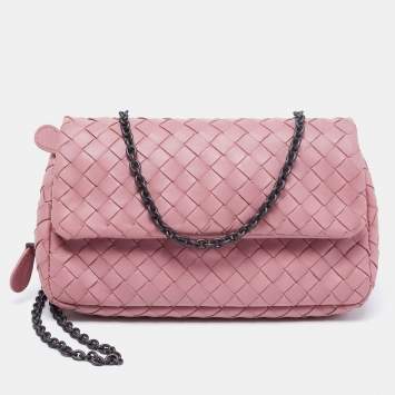 Pre Owned Bottega Veneta Pink Intrecciato Leather Small Flap Chain Crossbody Bag