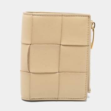 Pre Owned Bottega Veneta Beige Intrecciato Leather Cassette Bifold Compact Wallet