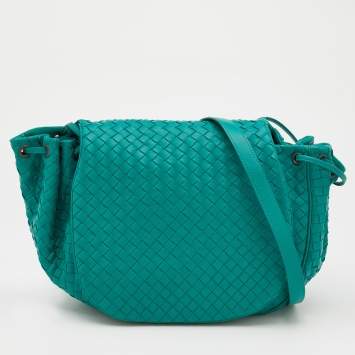 Pre Owned Bottega Veneta Sea Green Intrecciato Leather Drawstring Flap Crossbody Bag