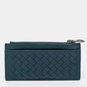 Pre Owned Bottega Veneta Teal Intrecciato Leather Zip Card Holder