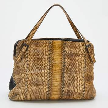 Pre Owned Bottega Veneta Beige Watersnake Double Zip Satchel