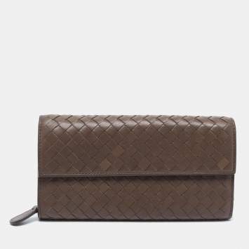 Pre Owned Bottega Veneta Grey Intrecciato Leather Flap Continental Wallet