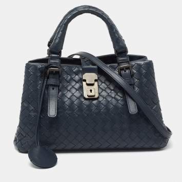 Pre Owned Bottega Veneta Blue Intrecciato Leather Roma Tote