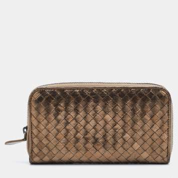 Pre Owned Bottega Veneta Metallic Beige Intrecciato Leather Zip Around Wallet