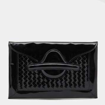 Pre Owned Bottega Veneta Black Patent Leather Envelope Clutch