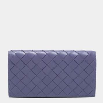 Pre Owned Bottega Veneta Purple Intrecciato Leather Flap Continental Wallet