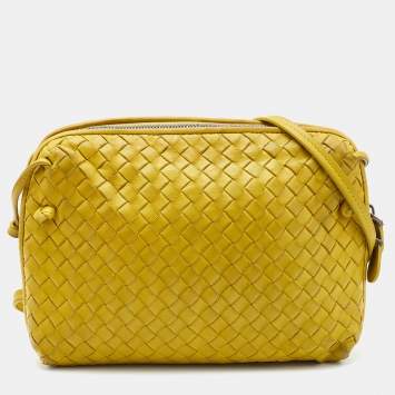 Pre Owned Bottega Veneta Citrus Yellow Intrecciato Leather Nodini Shoulder Bag