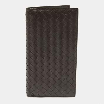 Pre Owned Bottega Veneta Dark Brown Intrecciato Leather Bifold Wallet