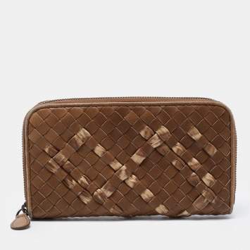 Pre Owned Bottega Veneta Brown Intrecciato Leather Zip Around Wallet