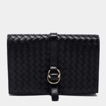 Pre Owned Bottega Veneta Black Intrecciato Leather Flap Clutch