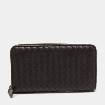 Pre Owned Bottega Veneta Dark Brown Intrecciato Leather Zip Around Continental Wallet