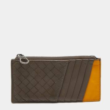 Pre Owned Bottega Veneta Brown/Yellow Intrecciato Leather Zip Card Holder