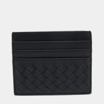 Pre Owned Bottega Veneta Black Intrecciato Leather Card Holder