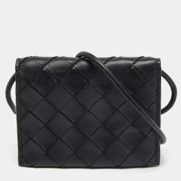 Pre Owned Bottega Veneta Black Intrecciato Leather Wallet On Strap