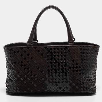 Pre Owned Bottega Veneta Brown/Black Intrecciato Patent Leather and Suede Cabat Tote