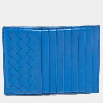 Pre Owned Bottega Veneta Blue Intrecciato Leather Card Holder 