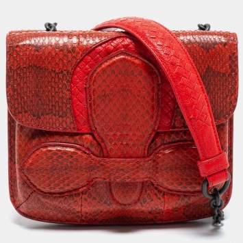 Pre Owned Bottega Veneta Red Water Snake and Intrecciato Leather Rialto Shoulder Bag