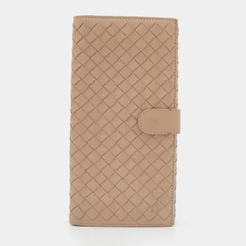 Pre Owned Bottega Veneta Beige Intrecciato Leather Long Compact Wallet