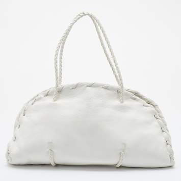 Pre Owned Bottega Veneta White Leather Braided Edge Satchel