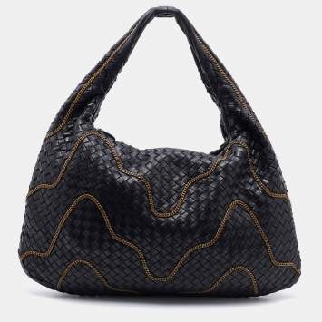 Pre Owned Bottega Veneta Black Intrecciato Leather Chain Link Veneta Hobo