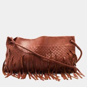 Pre Owned Bottega Veneta Brown Intrecciato Leather Fringe Shoulder Bag
