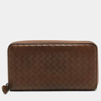 Pre Owned Bottega Veneta Brown Intrecciato Leather Zip Around Wallet 