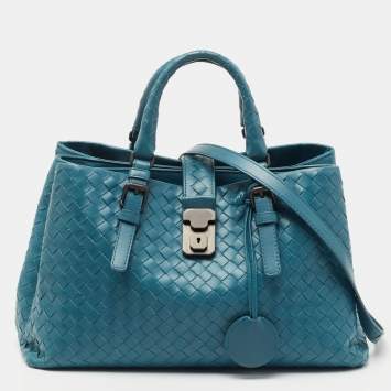 Pre Owned Bottega Veneta Blue Intrecciato Leather Small Roma Tote