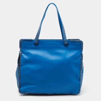 Pre Owned Bottega Veneta Blue Intrecciato Leather and Karung Frame Tote