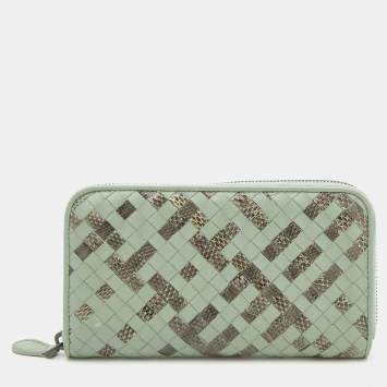 Pre Owned Bottega Veneta Mint Green Snake and Intrecciato Leather Zip Around Wallet