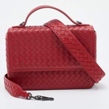 Pre Owned Bottega Veneta Red Intrecciato Leather Alumna Top Handle Bag
