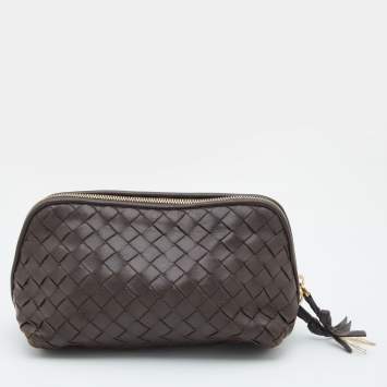 Pre Owned Bottega Veneta Dark Brown Intrecciato Leather Zip Pouch