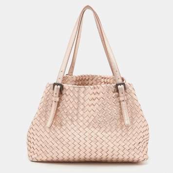 Pre Owned Bottega Veneta Metallic Rose Gold Intrecciato Leather Cesta Tote