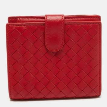Pre Owned Bottega Veneta Red Intrecciato Leather French Compact Wallet