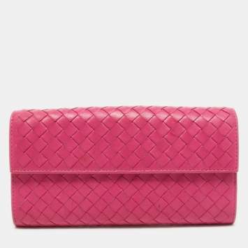 Pre Owned Bottega Veneta Pink Intrecciato Leather Flap Zip Around Wallet