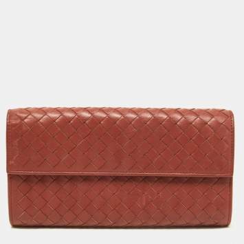Pre Owned Bottega Veneta Brown Intrecciato Leather Flap Continental Wallet