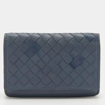 Pre Owned Bottega Veneta Blue Intrecciato Leather Card Case