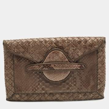Pre Owned Bottega Veneta Dark Beige Python Envelope Clutch