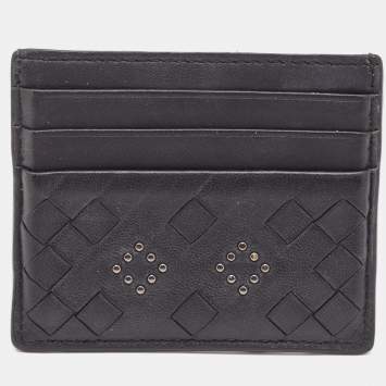 Pre Owned Bottega Veneta Black Intrecciato Leather Studded Card Holder